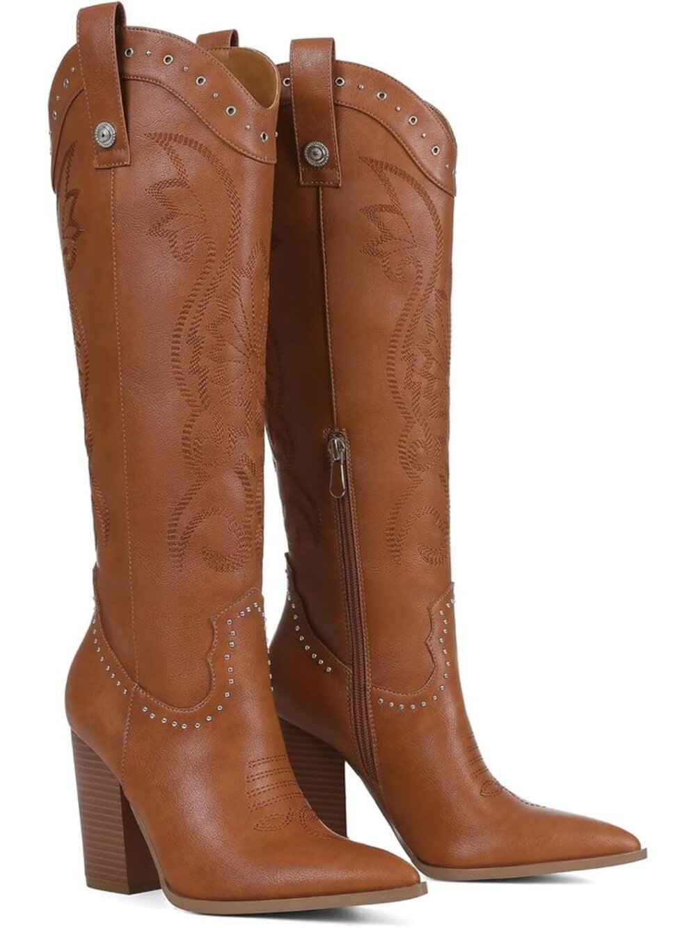 Women's Pointed Toe Chunky High Heels 2 Brown Pull-on Embroidered Western Boots - Picture 4 of 6